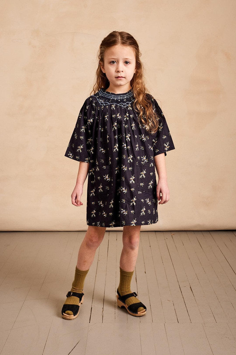 hand smocked gemma dress in navy berry branch – mabo