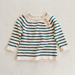 three-button cotton nautical sweater in cream/basil stripe